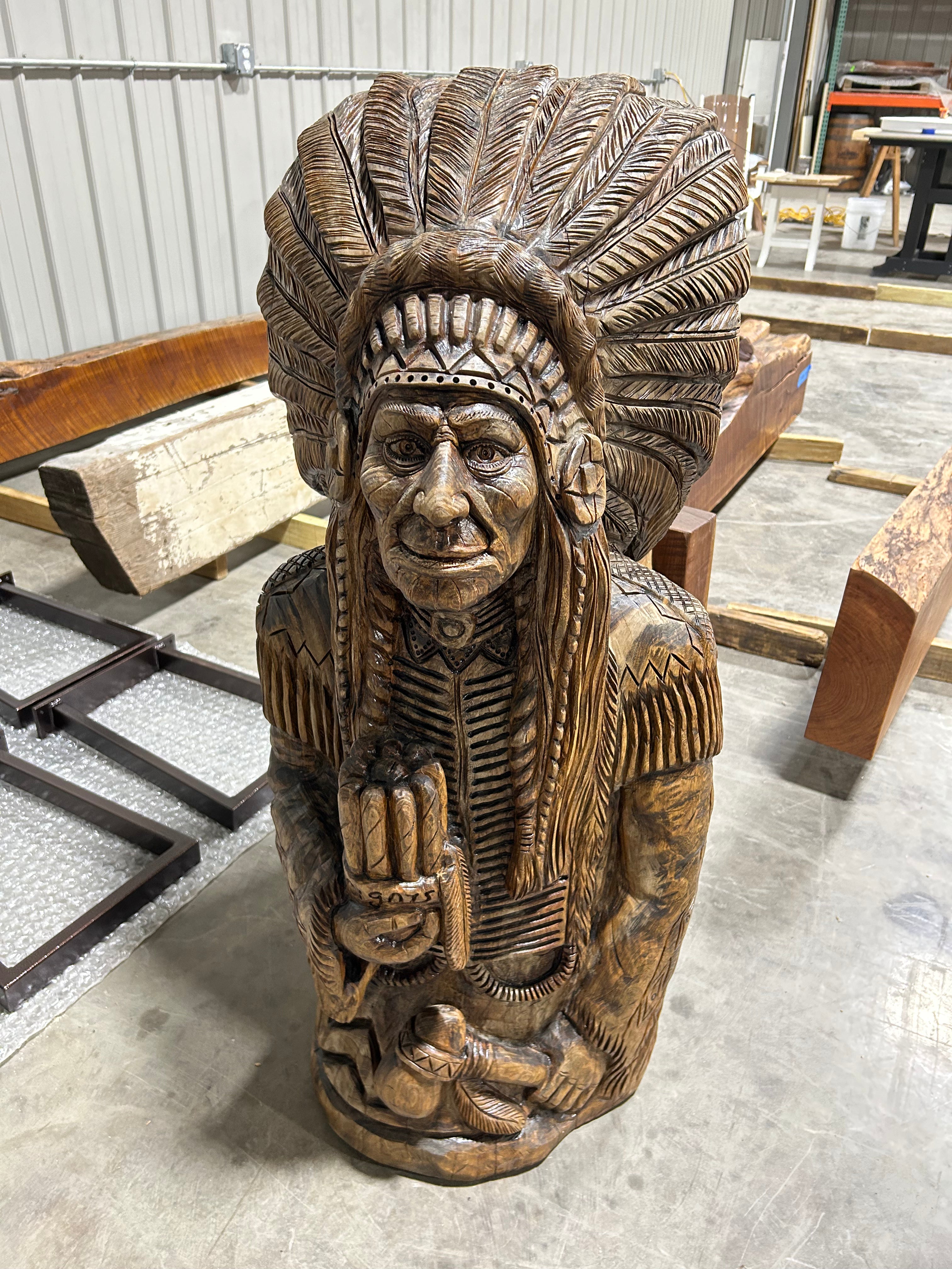 Hand Carved Cedar Wood Indian Holding a Stick Hand Carved Cedar Wood Indian Holding a Stick