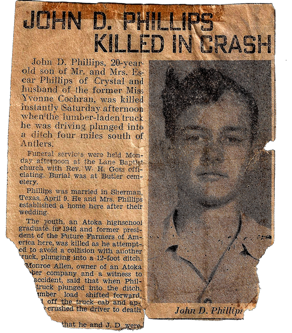 Vintage newspaper clipping with a portrait of John D. Phillips and news of his death in a crash.