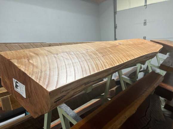 A live edge style fireplace mantel, made from birch wood, displayed on a rack.