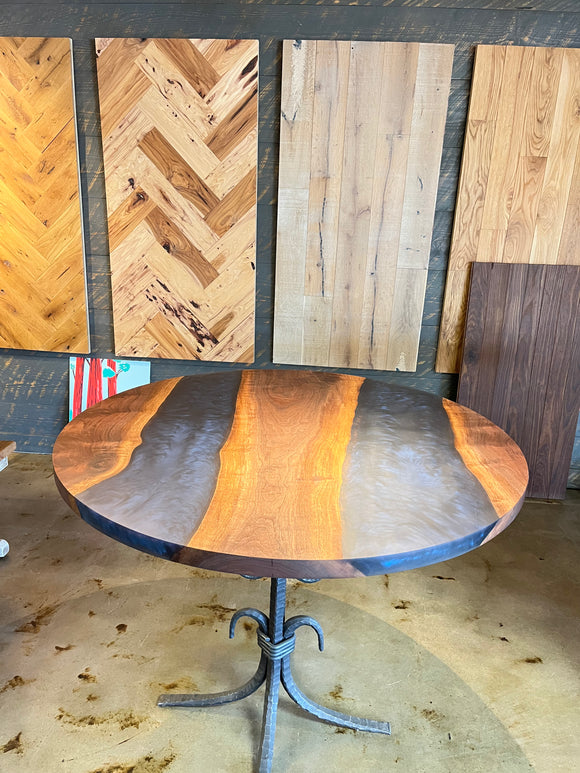 Handcrafted walnut river table with live edge walnut slab and resin river design