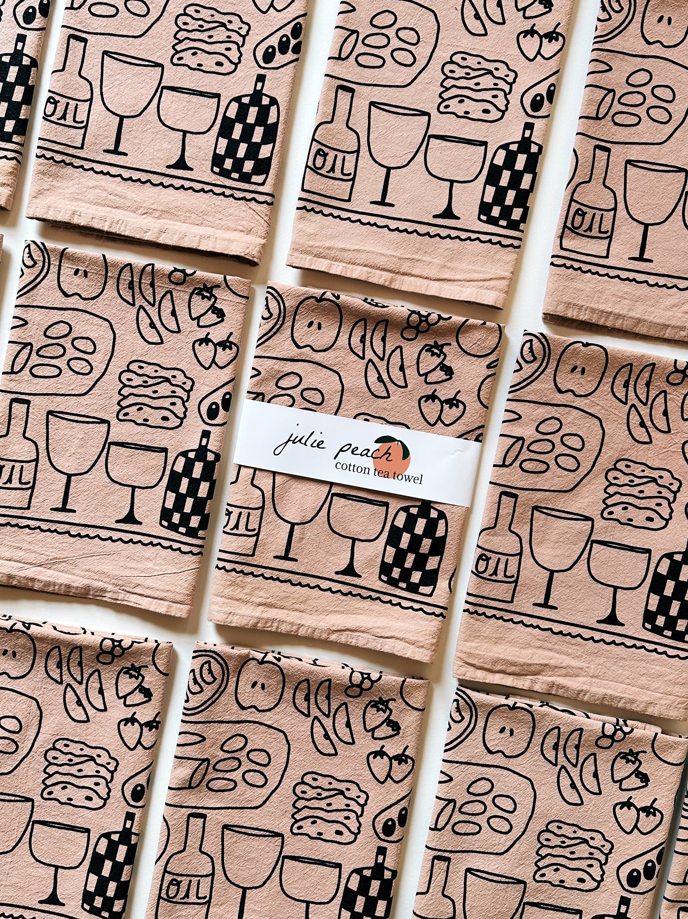 Julie Peach - Picnic on Taupe Tea Towel