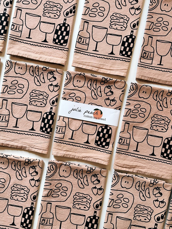 Julie Peach - Picnic on Taupe Tea Towel - 100% Cotton