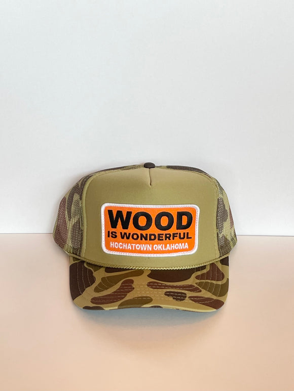 Wood Is Wonderful Hochatown OK Camouflage Olive Green Otto Trucker Hat