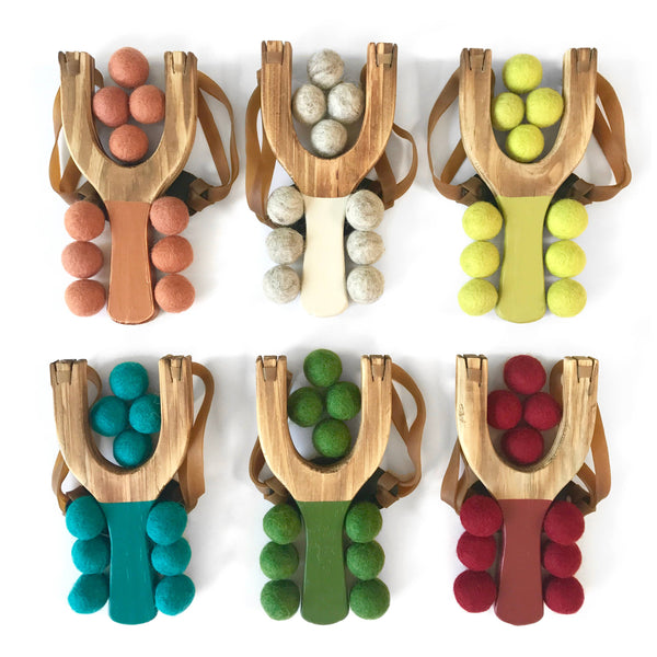 Little Lark - Classic Wooden Slingshot, Primary Rainbow Felt Balls: Teal with Primary Rainbow