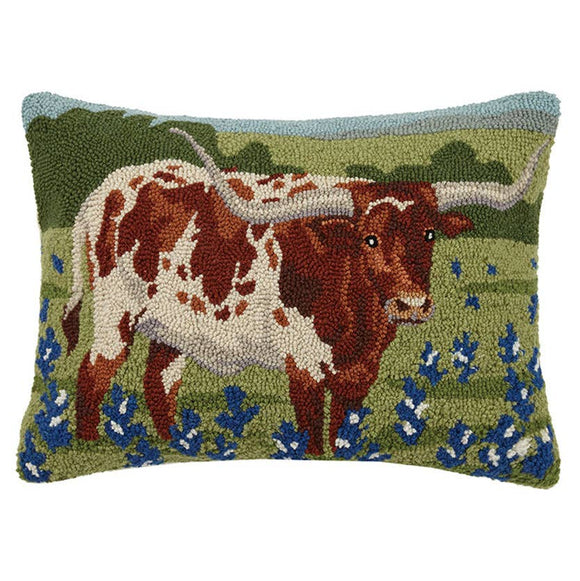 Peking Handicraft - LONGHORN IN BLUE BONNETS FIELD HOOK PILLOW