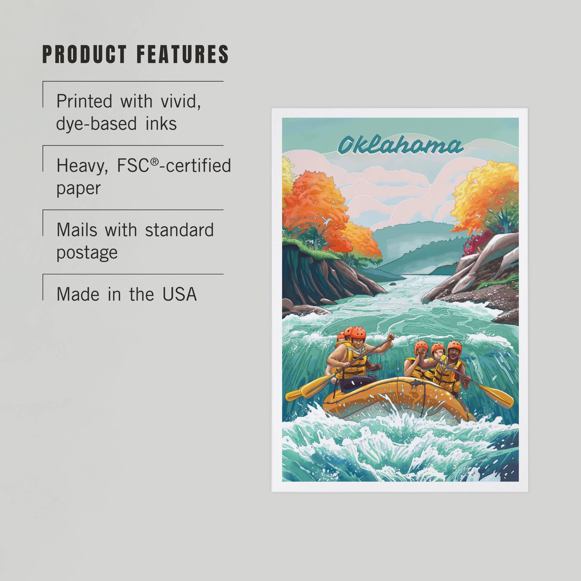 Lantern Press - PREMIUM POSTCARDS Oklahoma, Adventure, River Rafting, Fall