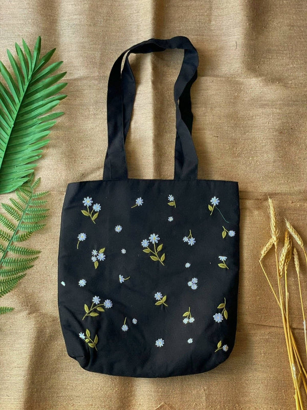 Daisy Embroidered Black Linen Tote Bag