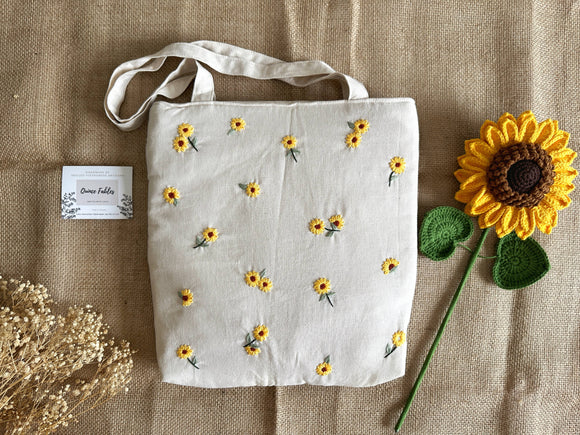 Quince Fables - Sunflower Embroidered Beige Linen Bag ✅