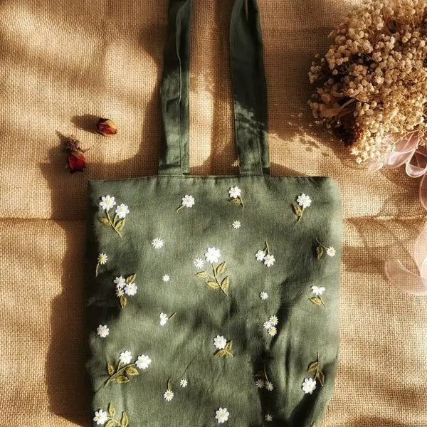 Small Daisies Embroidery Linen Tote Bag