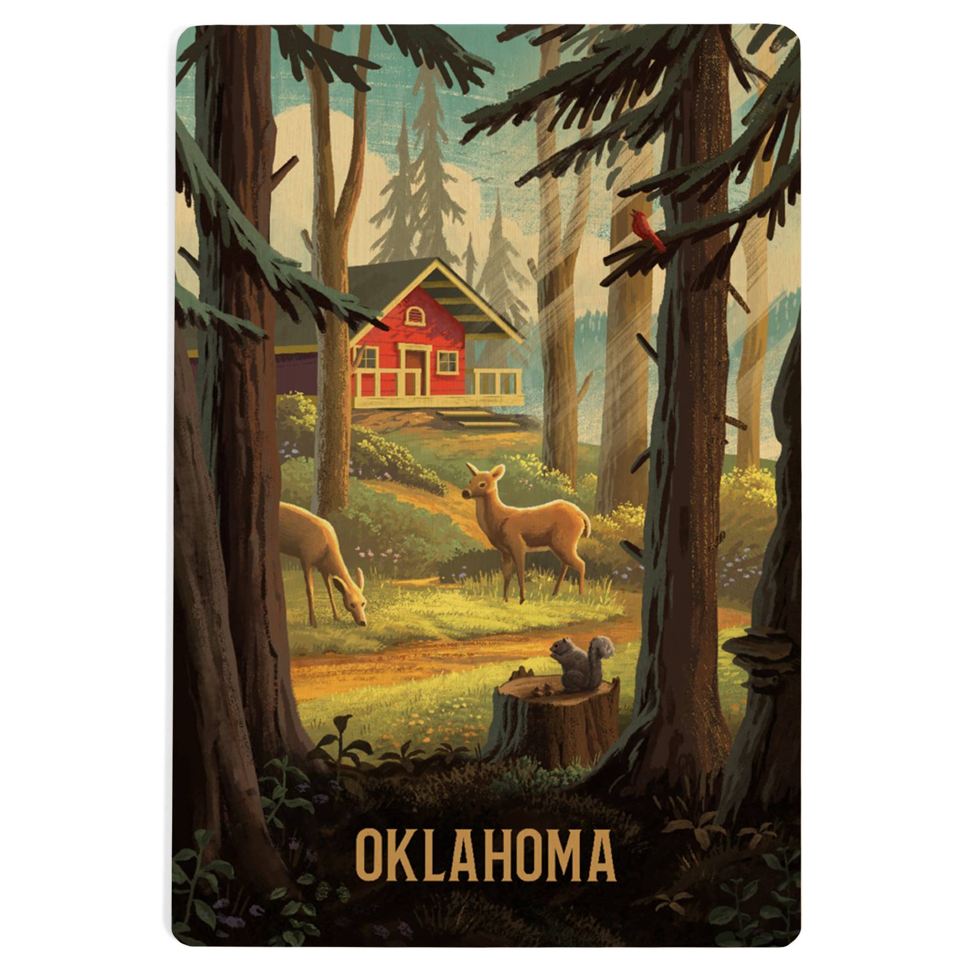 Lantern Press - WOOD POSTCARD Oklahoma, Slip Away, Cabin With Wildlife