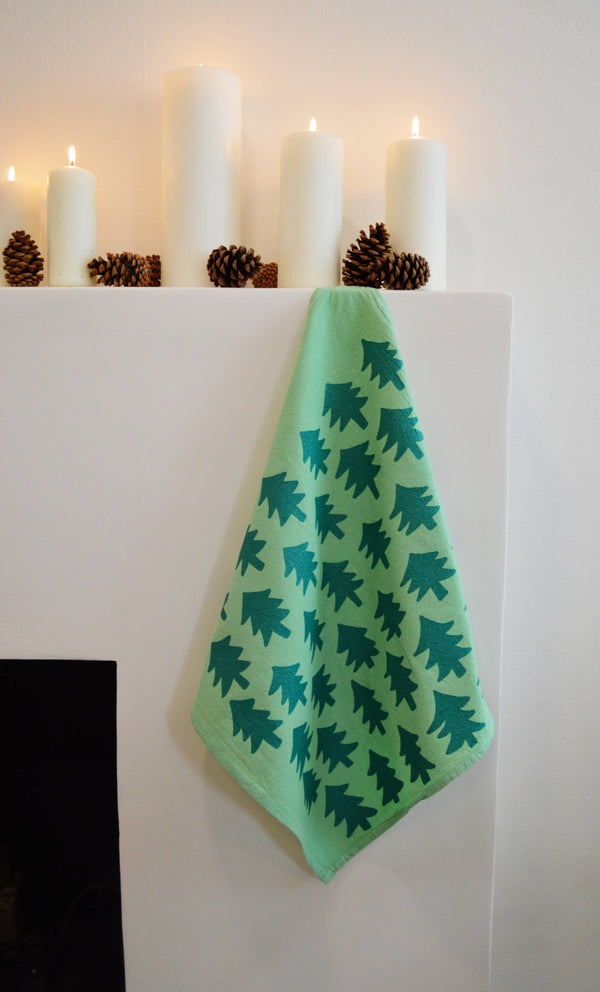 Julie Peach - GLITTER Trees on Green - Boho Christmas Cotton Tea Towel