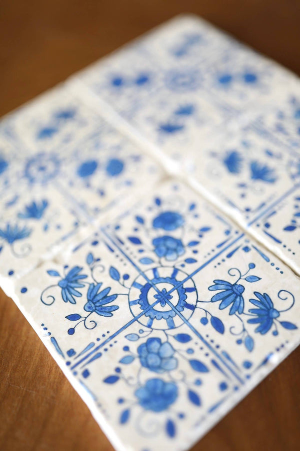 Lace, Grace & Peonies Marble Coasters - Blue Delft Tile Hand Painted Marble Coasters