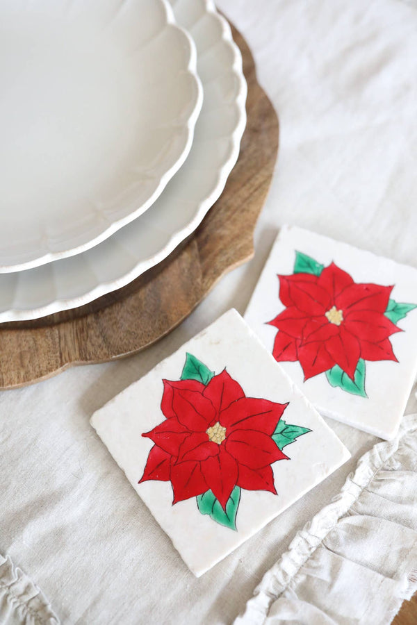 Lace, Grace & Peonies Marble Coasters - Hand Painted Poinsettia Marble Coasters