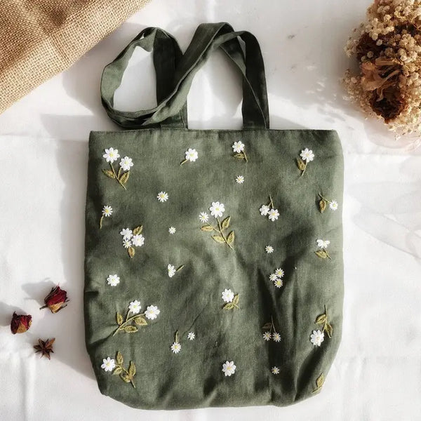 Small Daisies Embroidery Linen Tote Bag