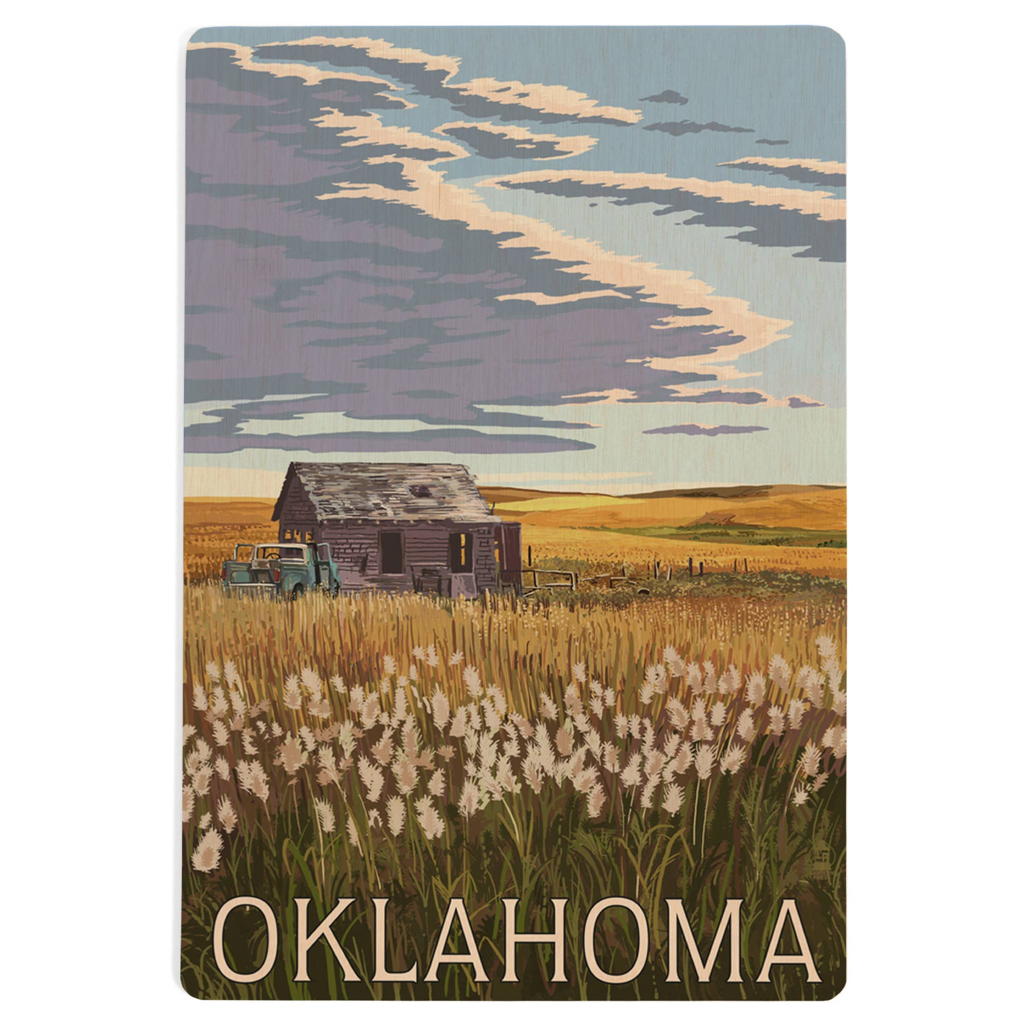 Lantern Press - WOOD POSTCARD Oklahoma, Wheat Field and Shack