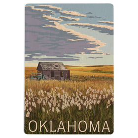 Lantern Press - WOOD POSTCARD Oklahoma, Wheat Field and Shack