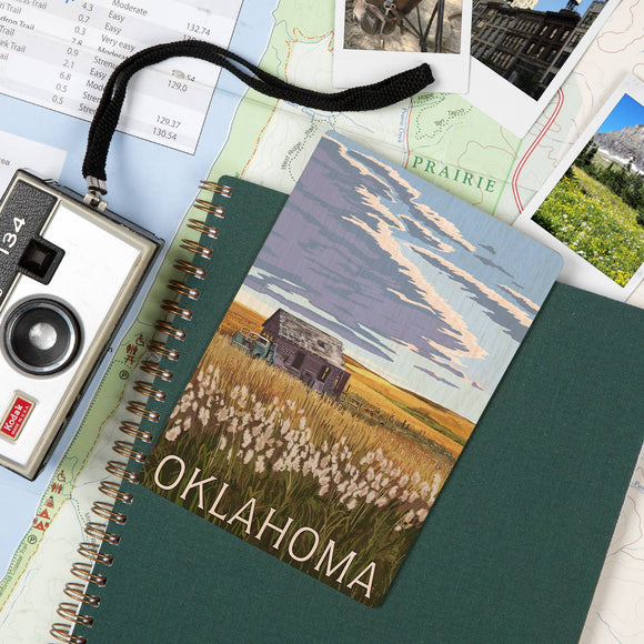 Lantern Press - WOOD POSTCARD Oklahoma, Wheat Field and Shack