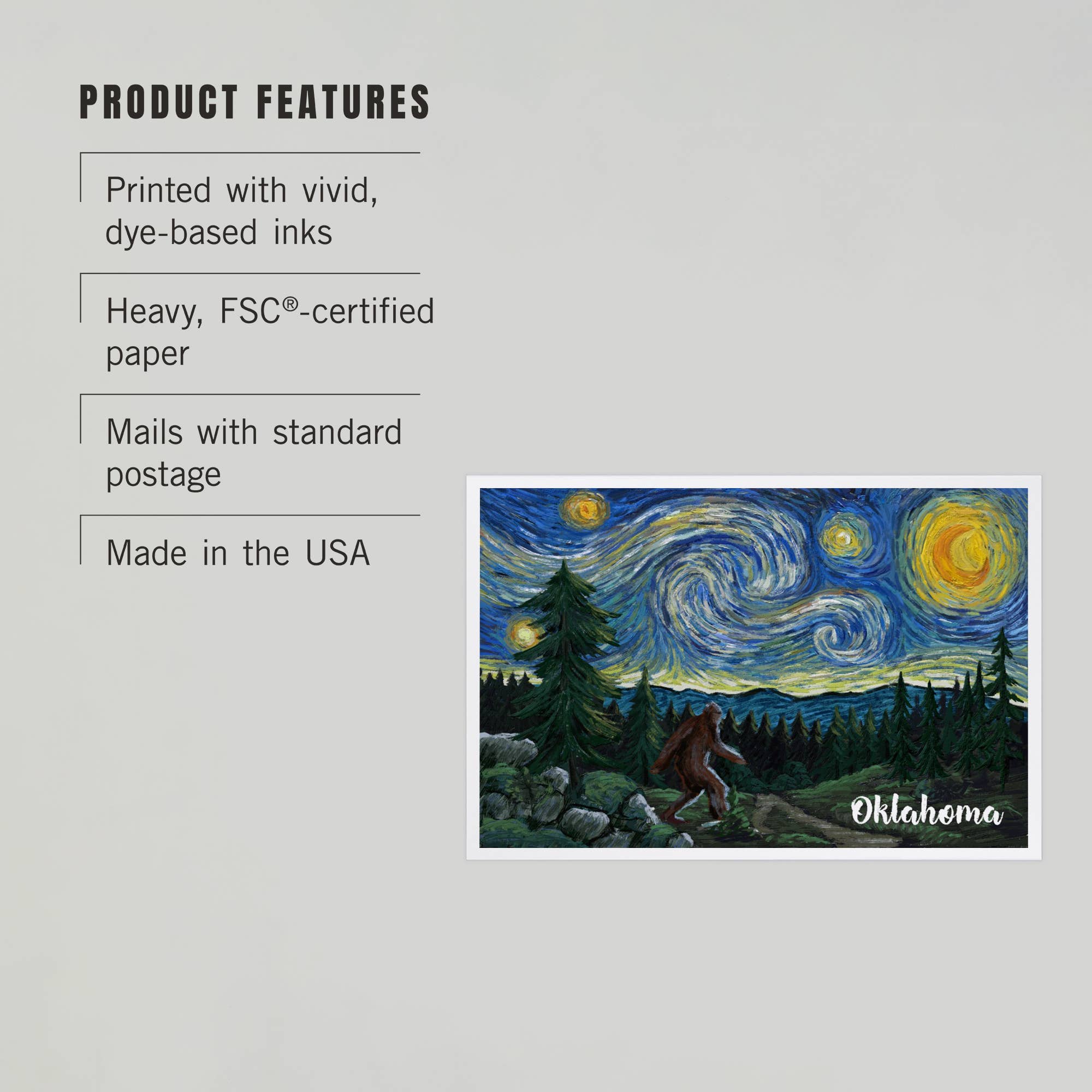 Lantern Press - PREMIUM POSTCARDS Oklahoma, Starry Night, Bigfoot