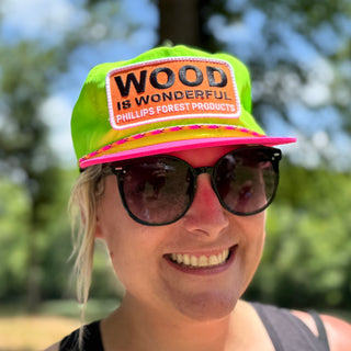 Neon green + pink Wood is Wonderful hat