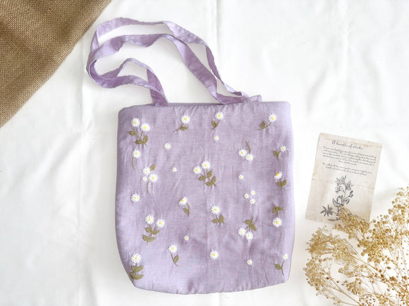 Quince Fables - Daisy Embroidered Lavender Purple Linen Bag ✅