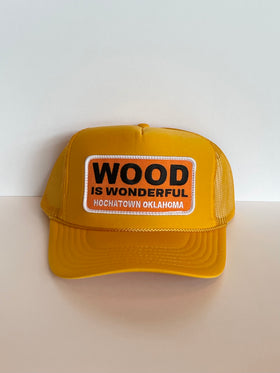 Wood Is Wonderful Hochatown OK Mustard Yellow Otto Trucker Hat - 0