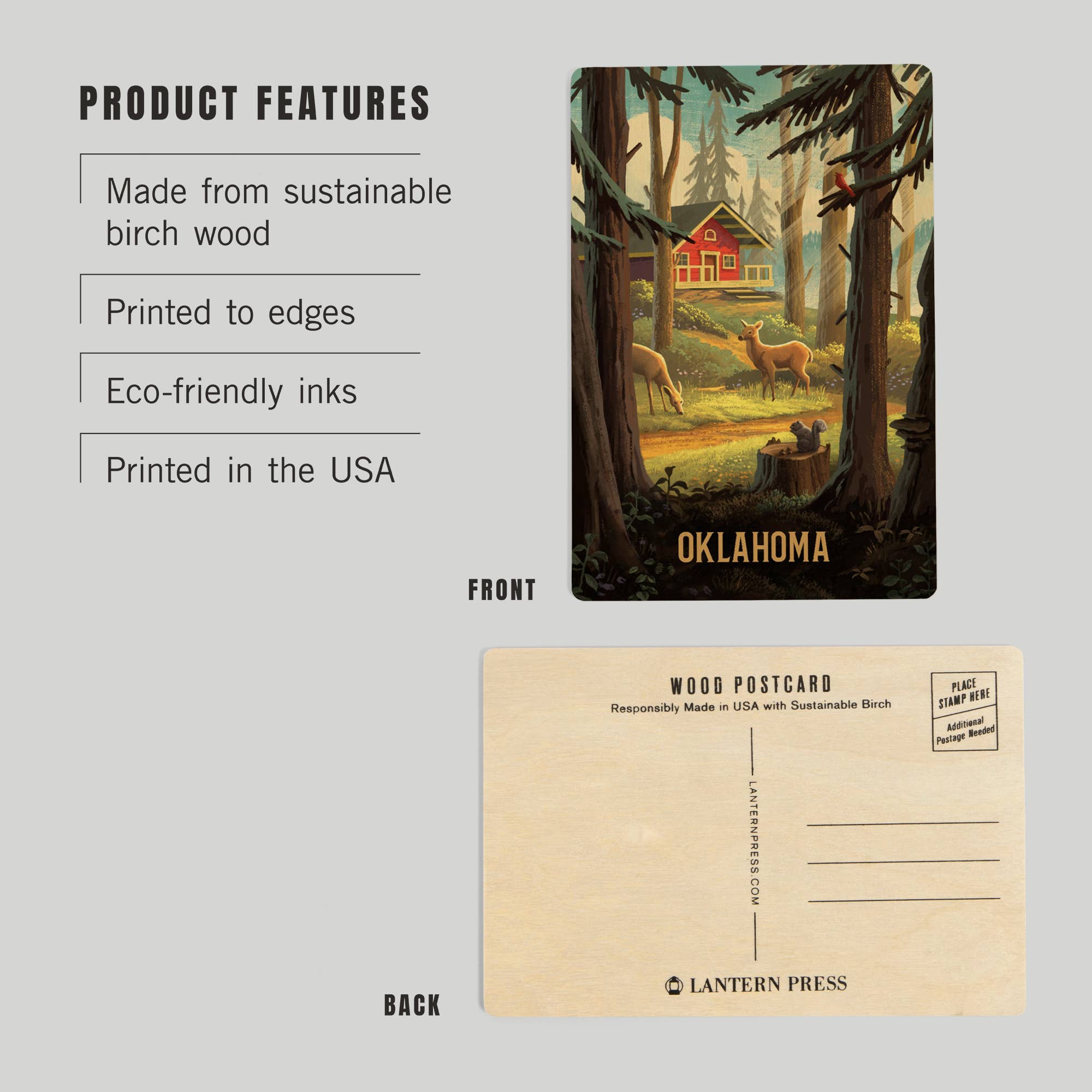 Lantern Press - WOOD POSTCARD Oklahoma, Slip Away, Cabin With Wildlife