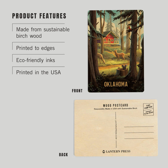 Lantern Press - WOOD POSTCARD Oklahoma, Slip Away, Cabin With Wildlife