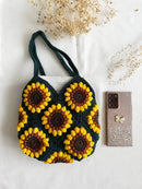 Hand-Crochet Sunflower Mini Dark Blue Tote Bag-3