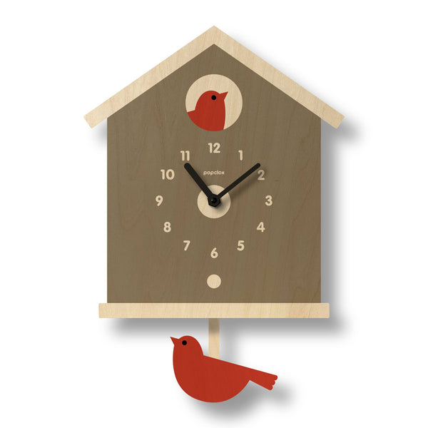 Popclox - Birdhouse Pendulum Clock - Wood: Gray