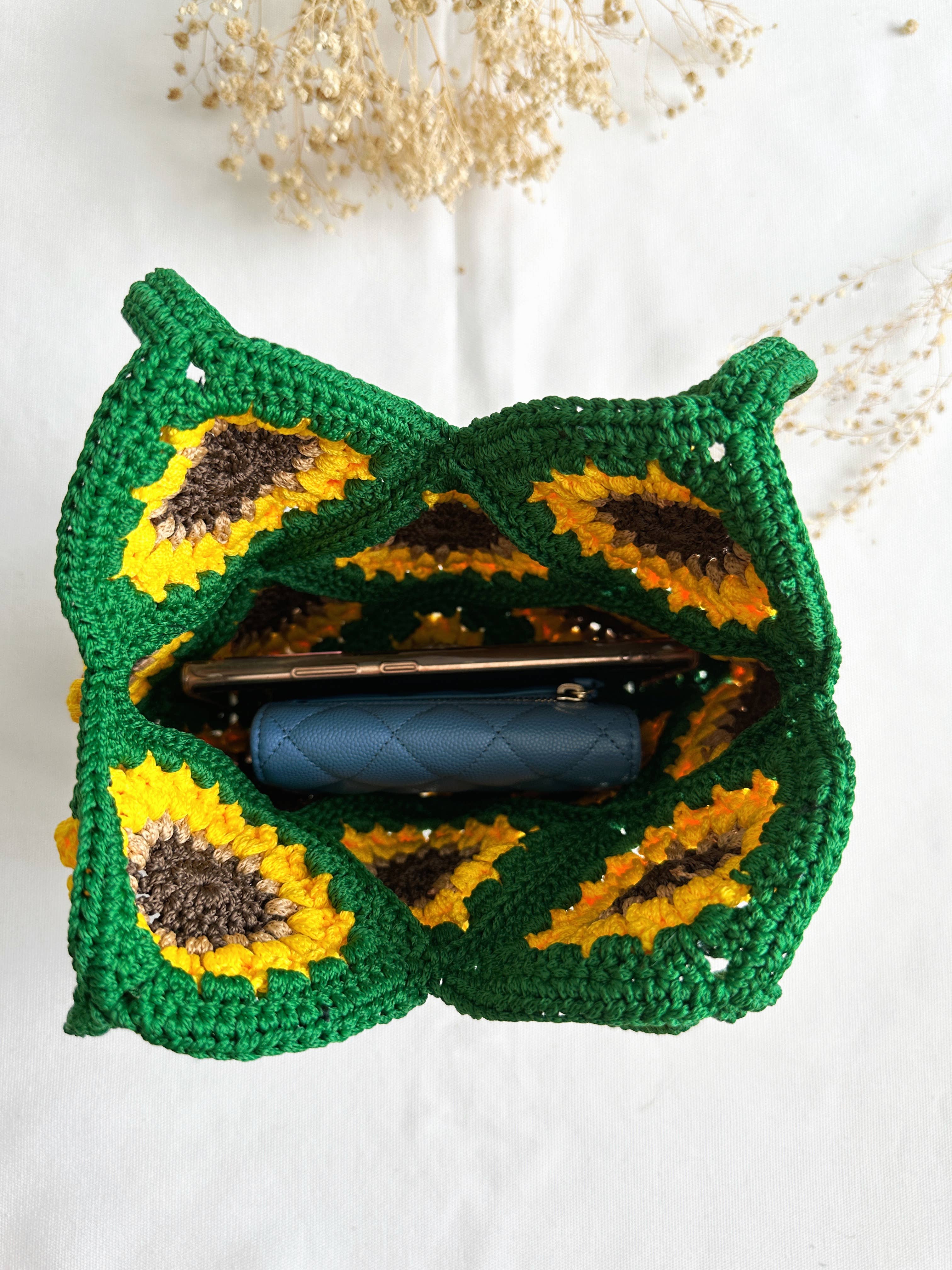 Hand-Crochet Sunflower Mini Dark Blue Tote Bag - 0