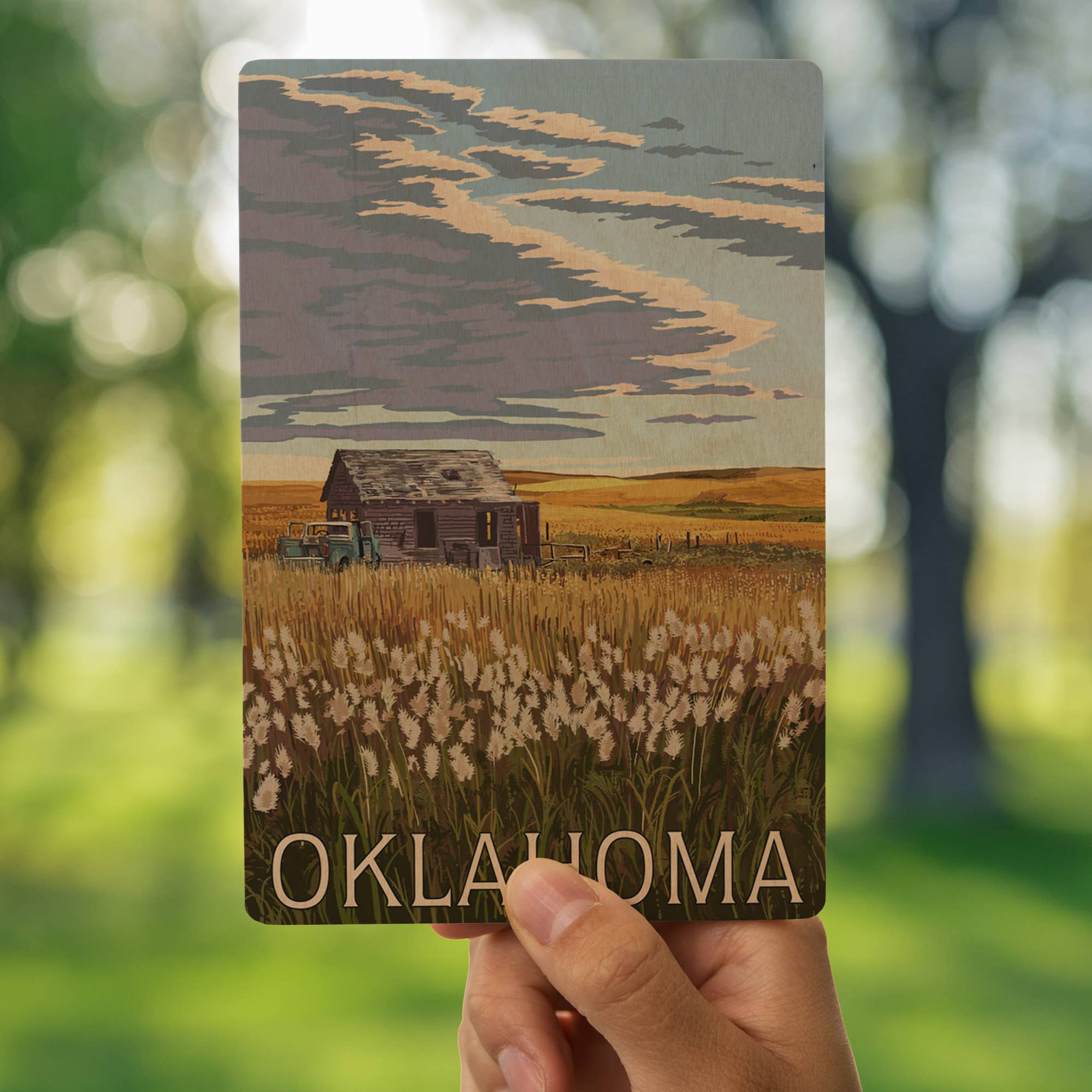 Lantern Press - WOOD POSTCARD Oklahoma, Wheat Field and Shack
