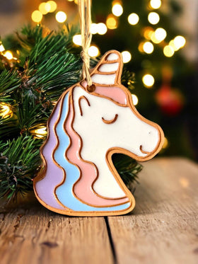 Little Clay Hen - Unicorn Bust Artisanally Crafted Ornament: Pink/Purple/Blue - 0