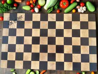 Wooden checkered board with a logo on a wooden surface