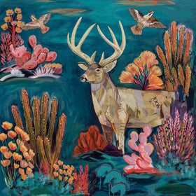 A colorful art print featuring a deer and quail in a desert landscape with surrounding flora and flying birds.