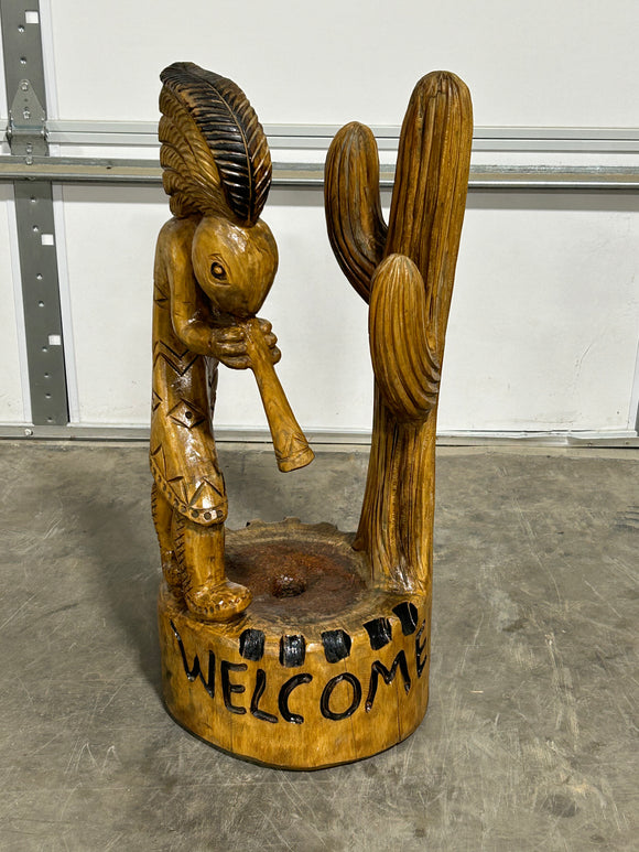 Kokopelli and Cactus Welcome Carving