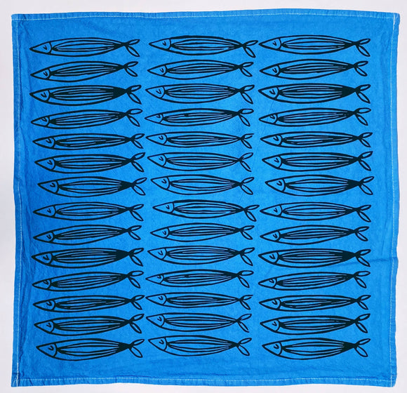Julie Peach - Blue Sardines 20" Tea Towel - Silkscreened 100% Cotton