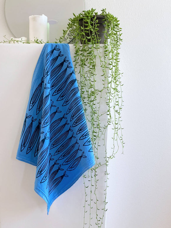 Julie Peach - Blue Sardines 20" Tea Towel - Silkscreened 100% Cotton