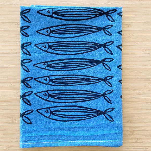 Julie Peach - Blue Sardines 20" Tea Towel - Silkscreened 100% Cotton
