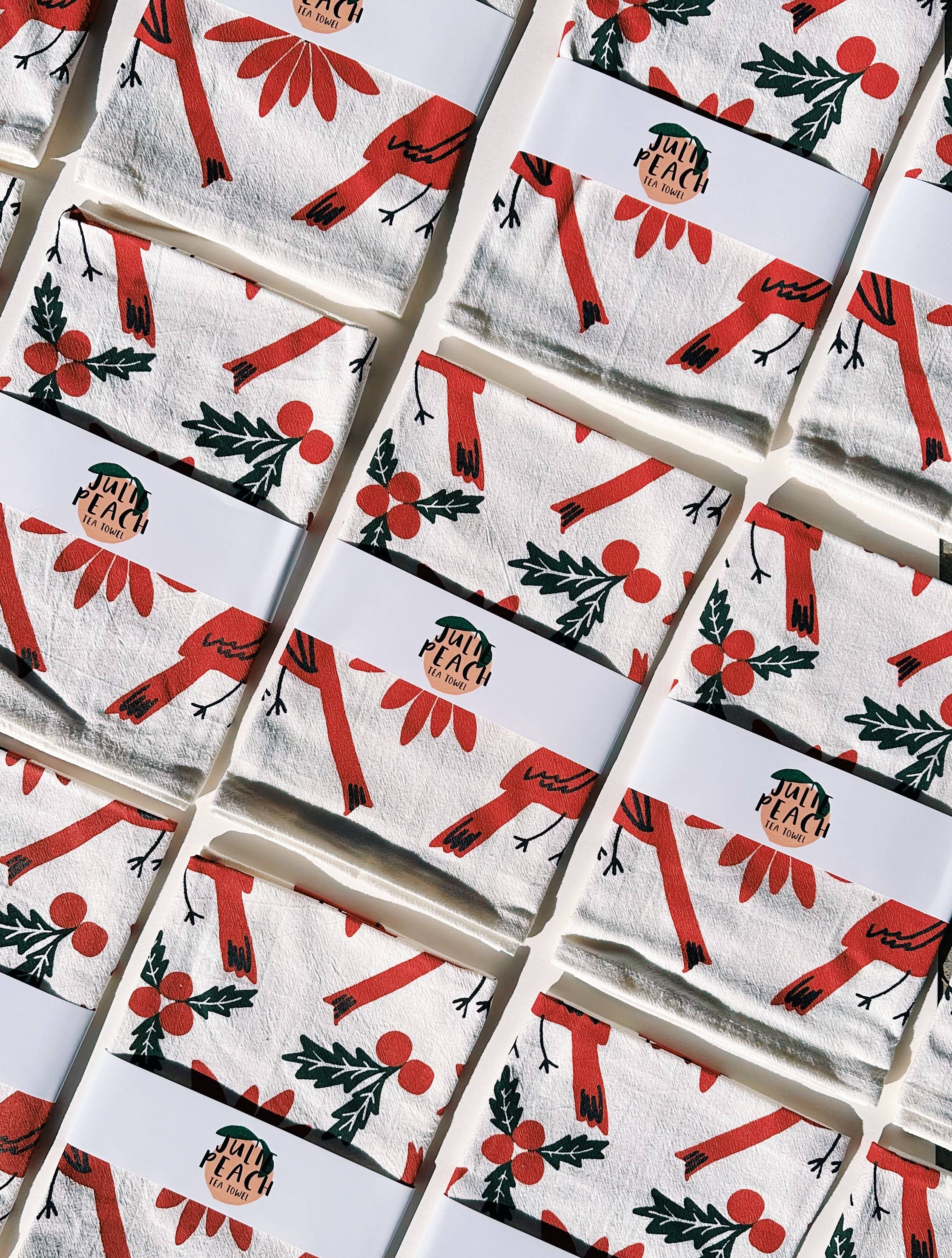 Julie Peach - Cardinals & Botanic - Christmas Cotton Tea Towel - 0