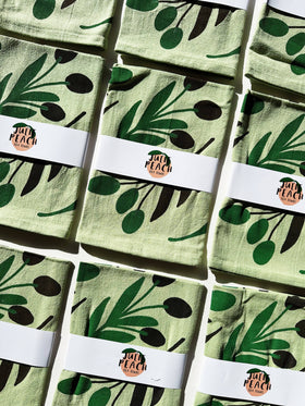 Julie Peach - Olive Toss on Sage Green 20" Tea Towel - 100% Cotton