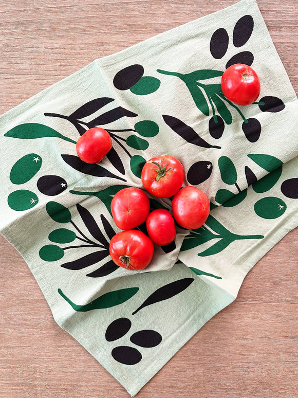 Julie Peach - Olive Toss on Sage Green 20" Tea Towel - 100% Cotton