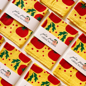 Julie Peach - Tomatoes on Yellow 20" Tea Towel - 100% Cotton