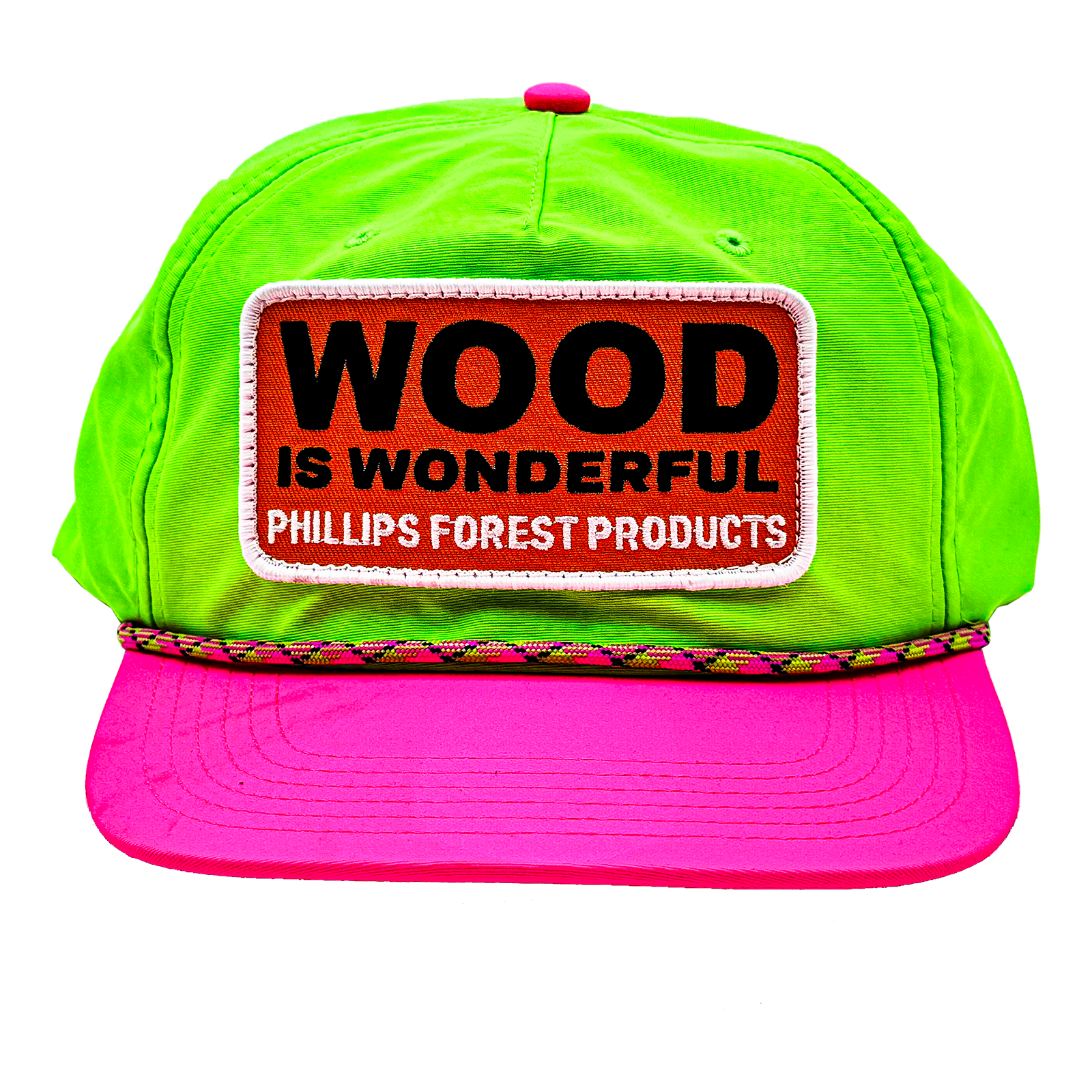 Neon green + pink Wood is Wonderful hat - 0