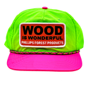 Neon green + pink Wood is Wonderful hat