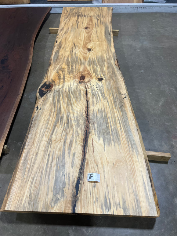 Finished live edge blue pine slab with natural grain and blue-gray streaks