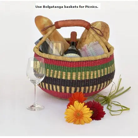 Medium Bolga Market Basket w/ Leather Wrapped Handle (Colors Vary) - 0