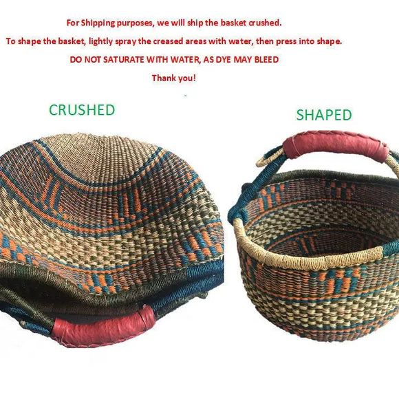 Medium Bolga Market Basket w/ Leather Wrapped Handle (Colors Vary)