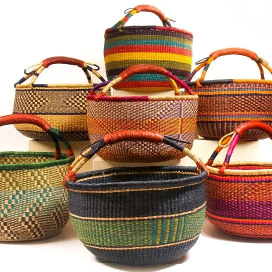Medium Bolga Market Basket w/ Leather Wrapped Handle (Colors Vary)
