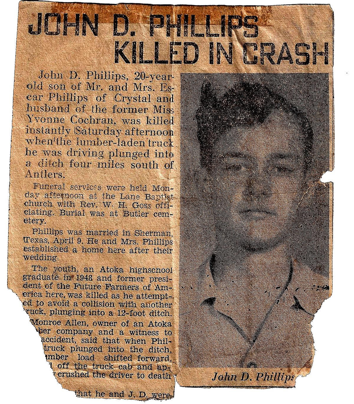 Vintage newspaper clipping with a portrait of John D. Phillips and news of his death in a crash.