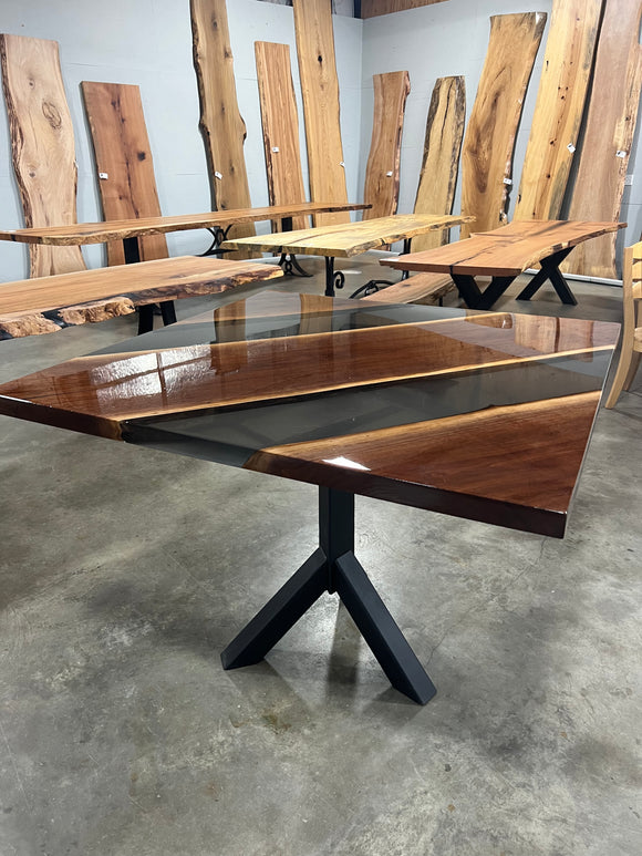 Modern walnut table with epoxy river detail and square edge finish